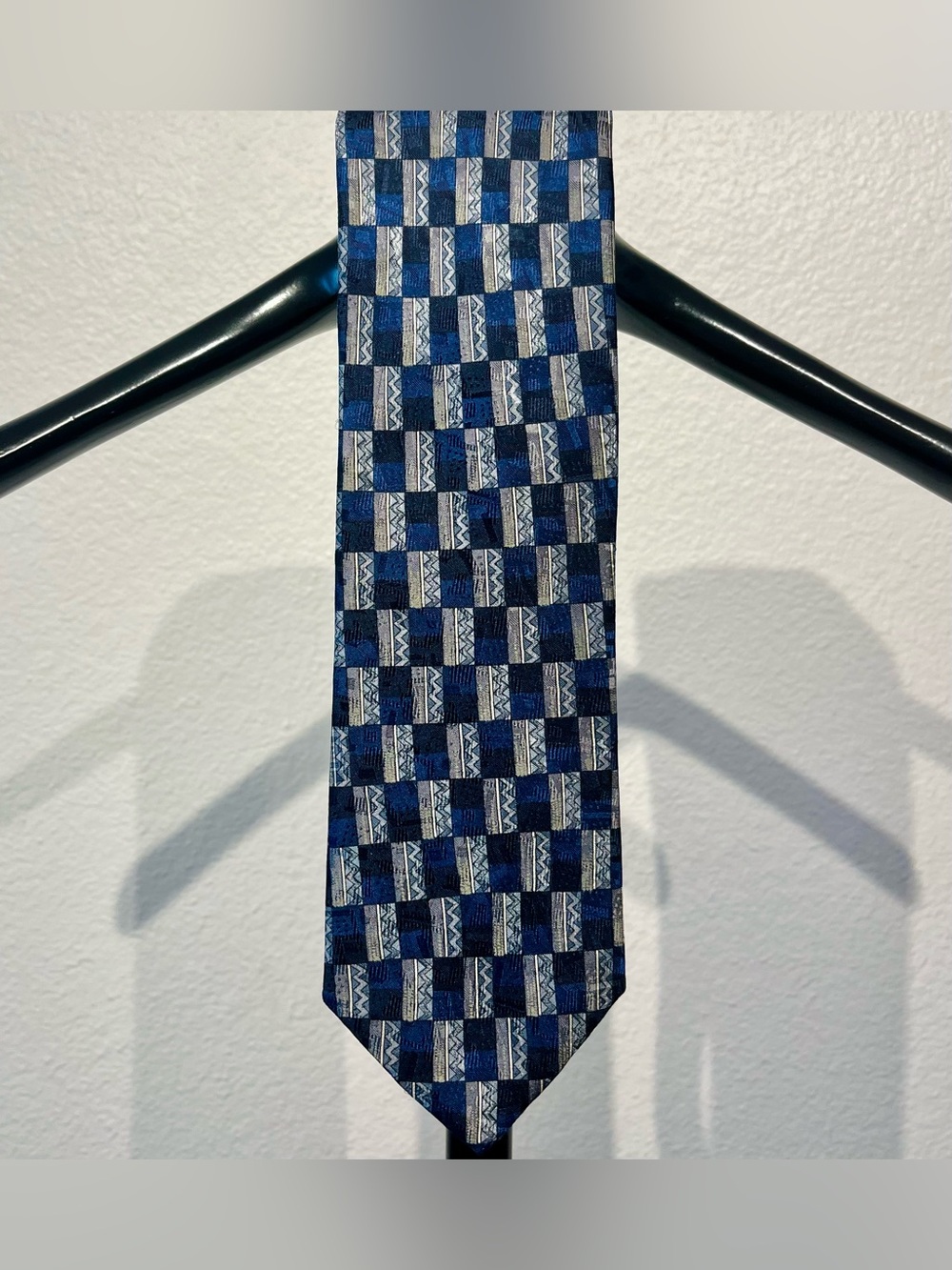 Pierre Cardin 100% Silk Tie with Blue & Silver Geometric Pattern - Made in Italy